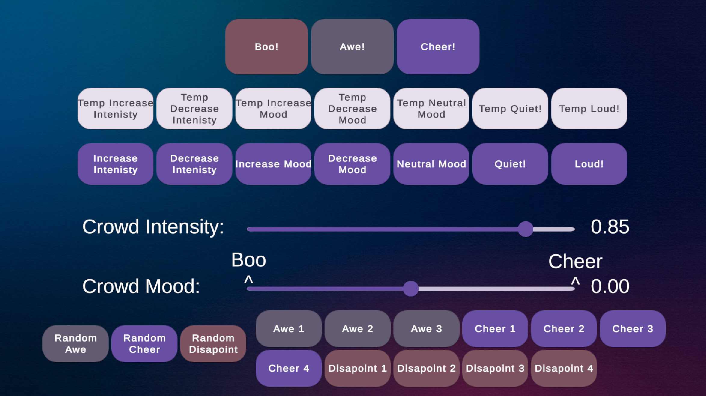 Dynamic Crowds demo UI — controls for intensity, mood, and one-shot reactions