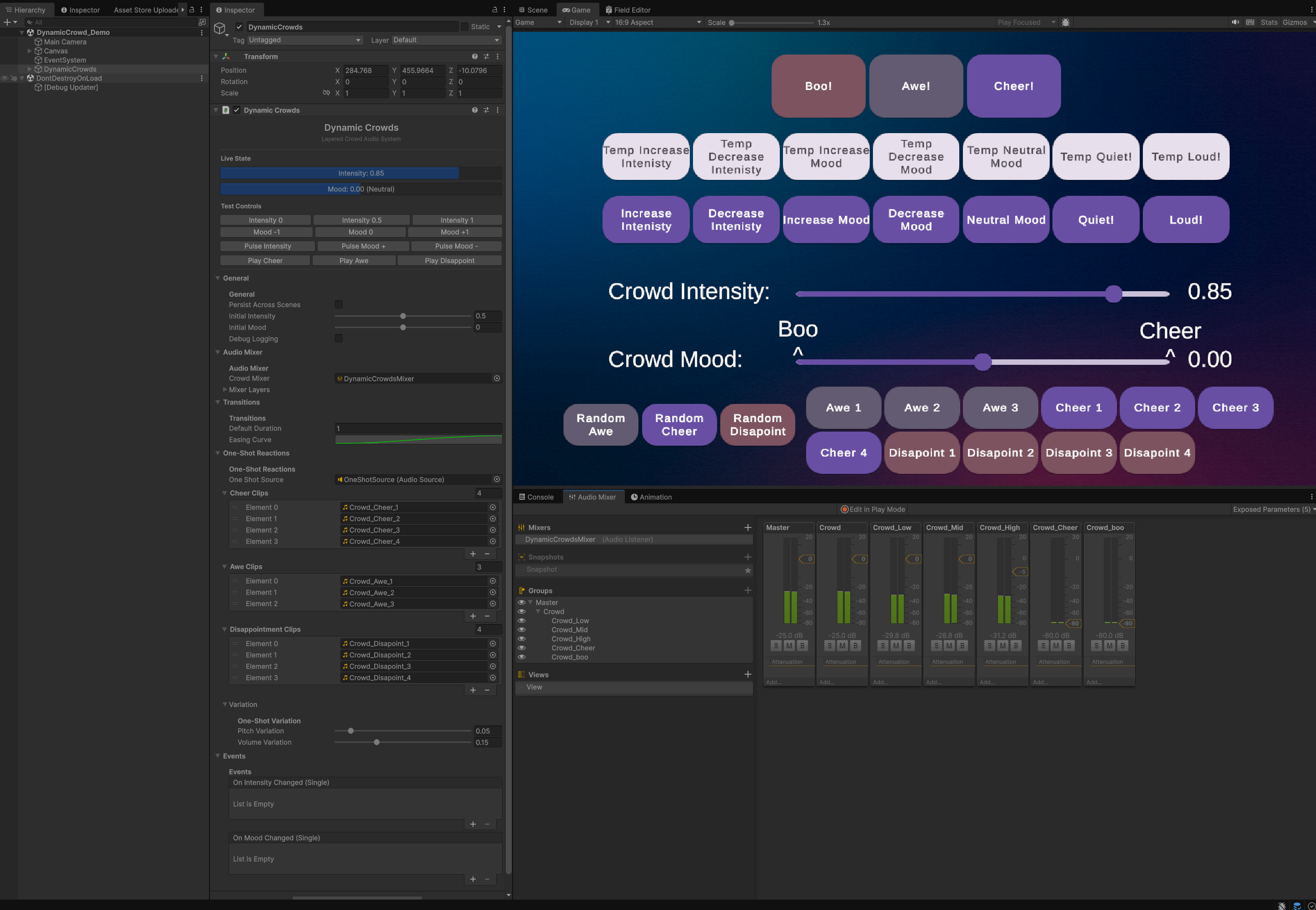 Dynamic Crowds in Unity Editor — full layout with mixer and game view