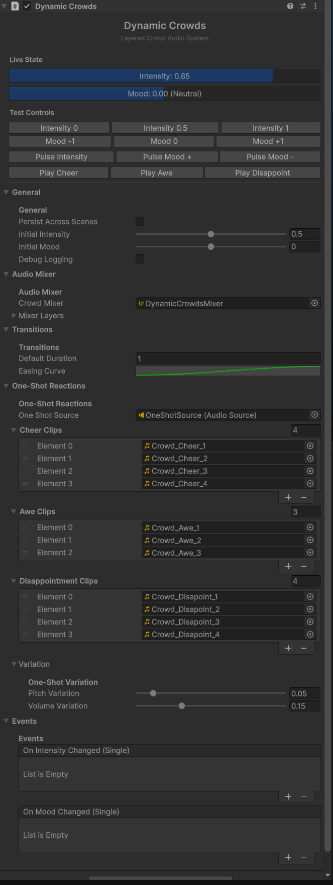 Dynamic Crowds Unity Inspector — component settings and audio clips