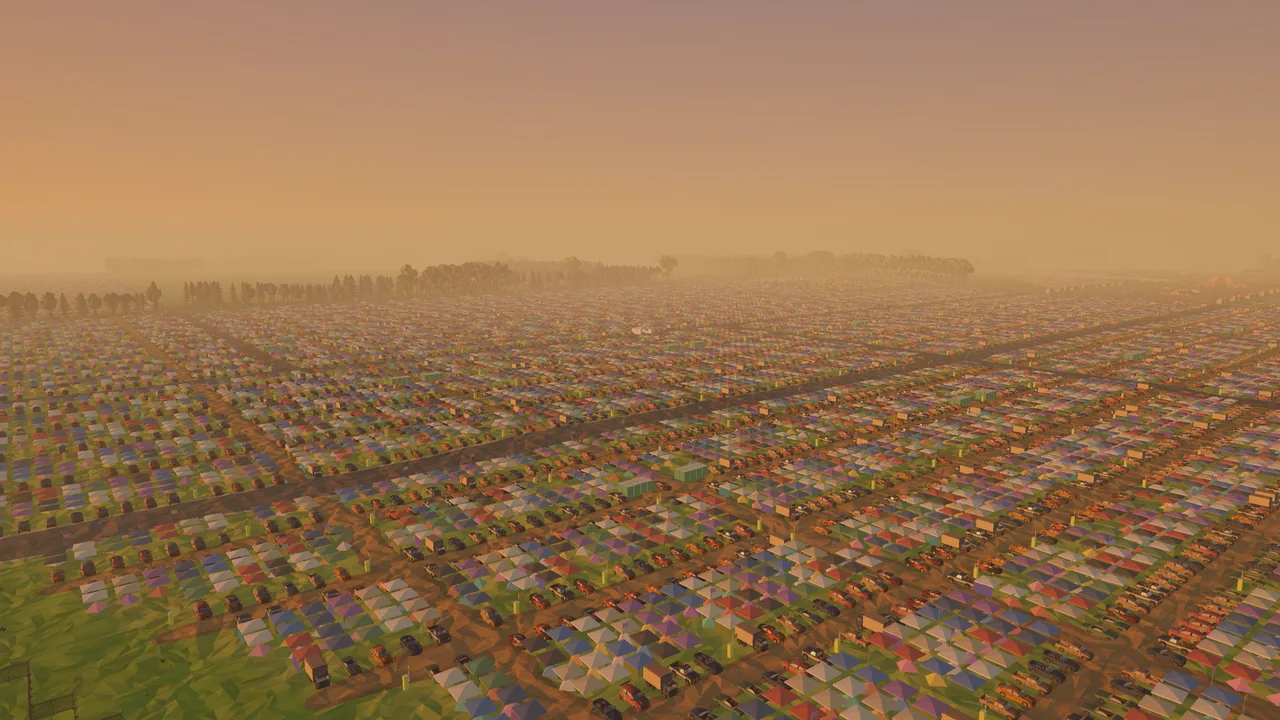 Thousands of car-camping sites stretching to the horizon in warm evening light