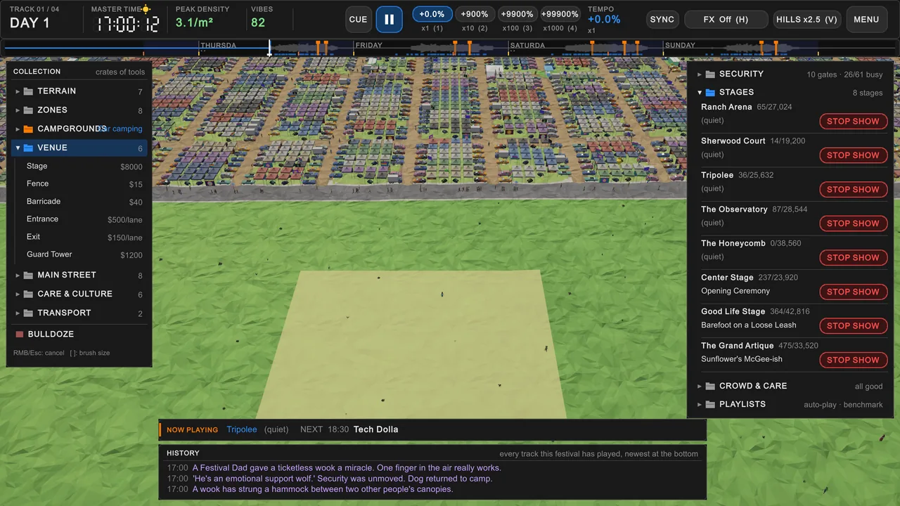 Game interface in build mode: zoning a new campground next to a full one