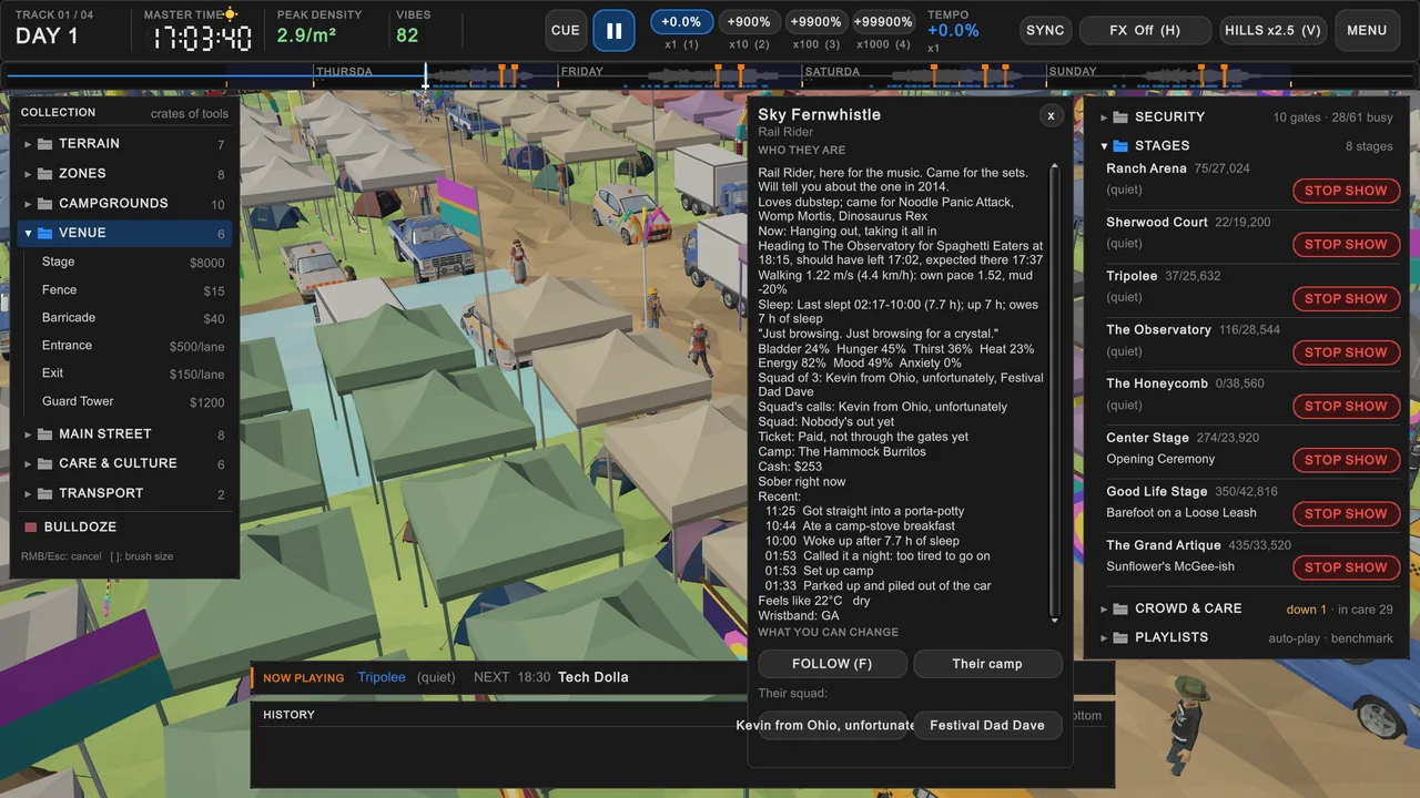 Game interface over a busy campground: the guest inspector shows a festival-goer's plans, needs, rave fam and recent history