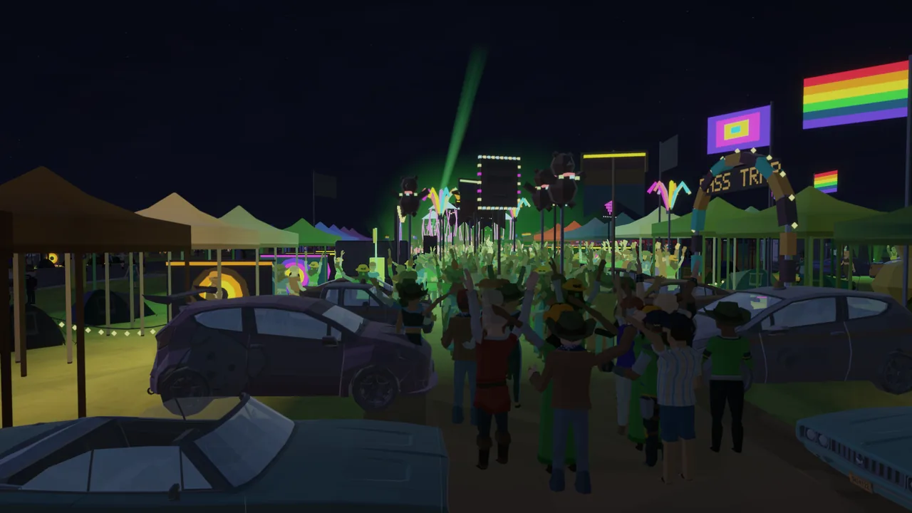 A renegade set at night in a campground lane between parked cars and canopies